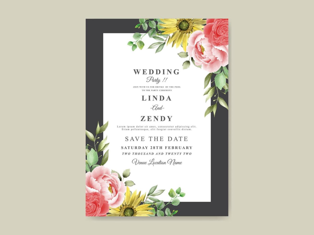 Elegant sunflower and rose watercolor wedding invitation template vector