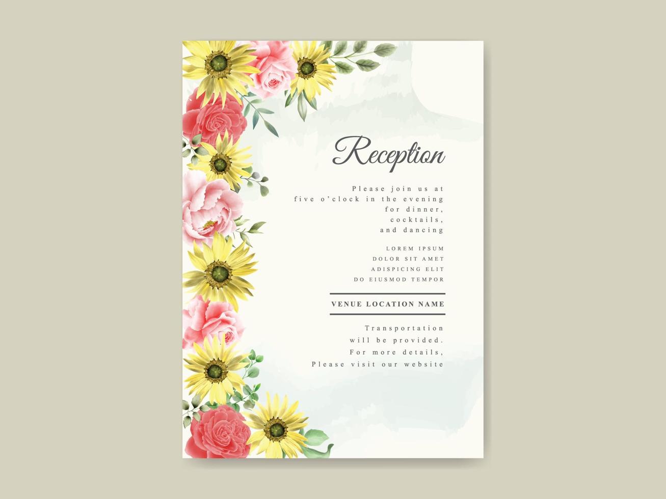 Elegant sunflower and rose watercolor wedding invitation template vector