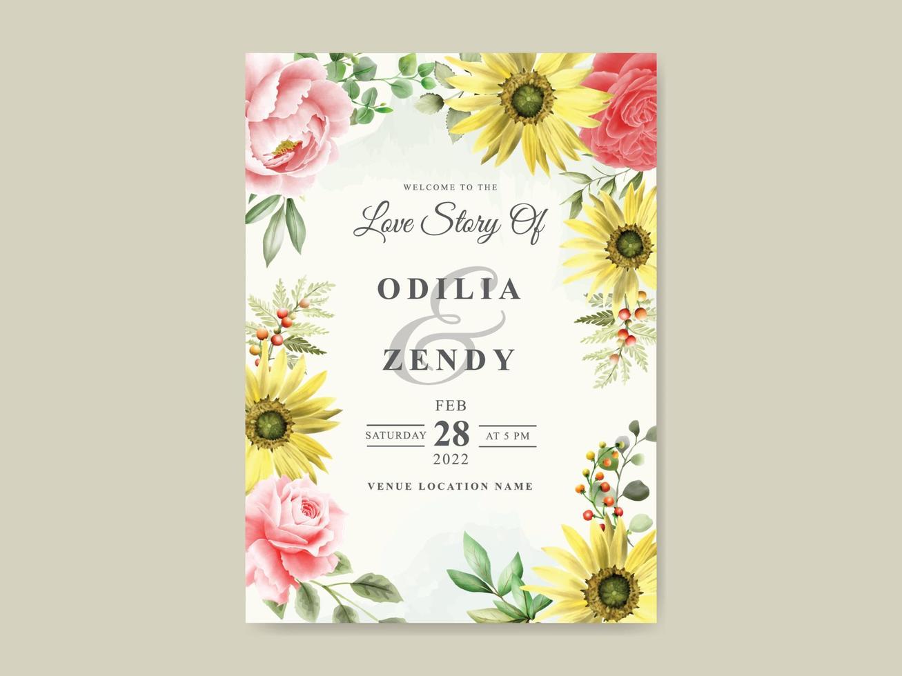 Elegant sunflower and rose watercolor wedding invitation template vector