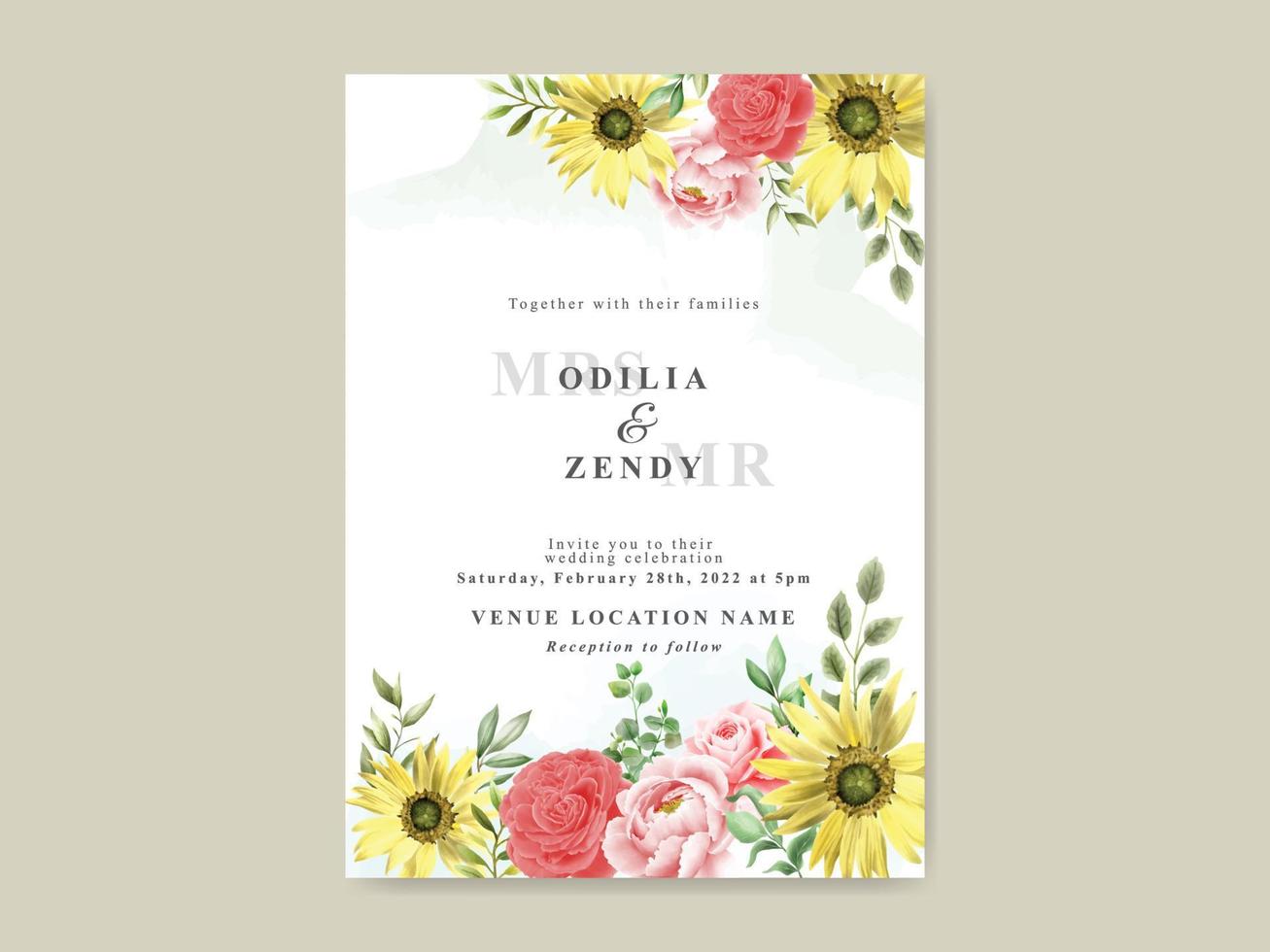 Elegant sunflower and rose watercolor wedding invitation template vector