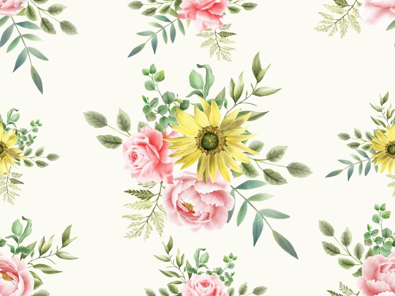 Elegant sunflower and rose watercolor seamless pattern vector