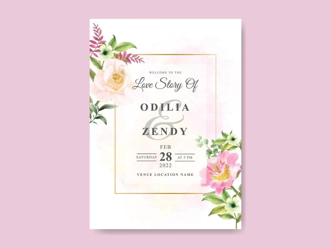 beautiful flower and leaves watercolor wedding invitation template vector