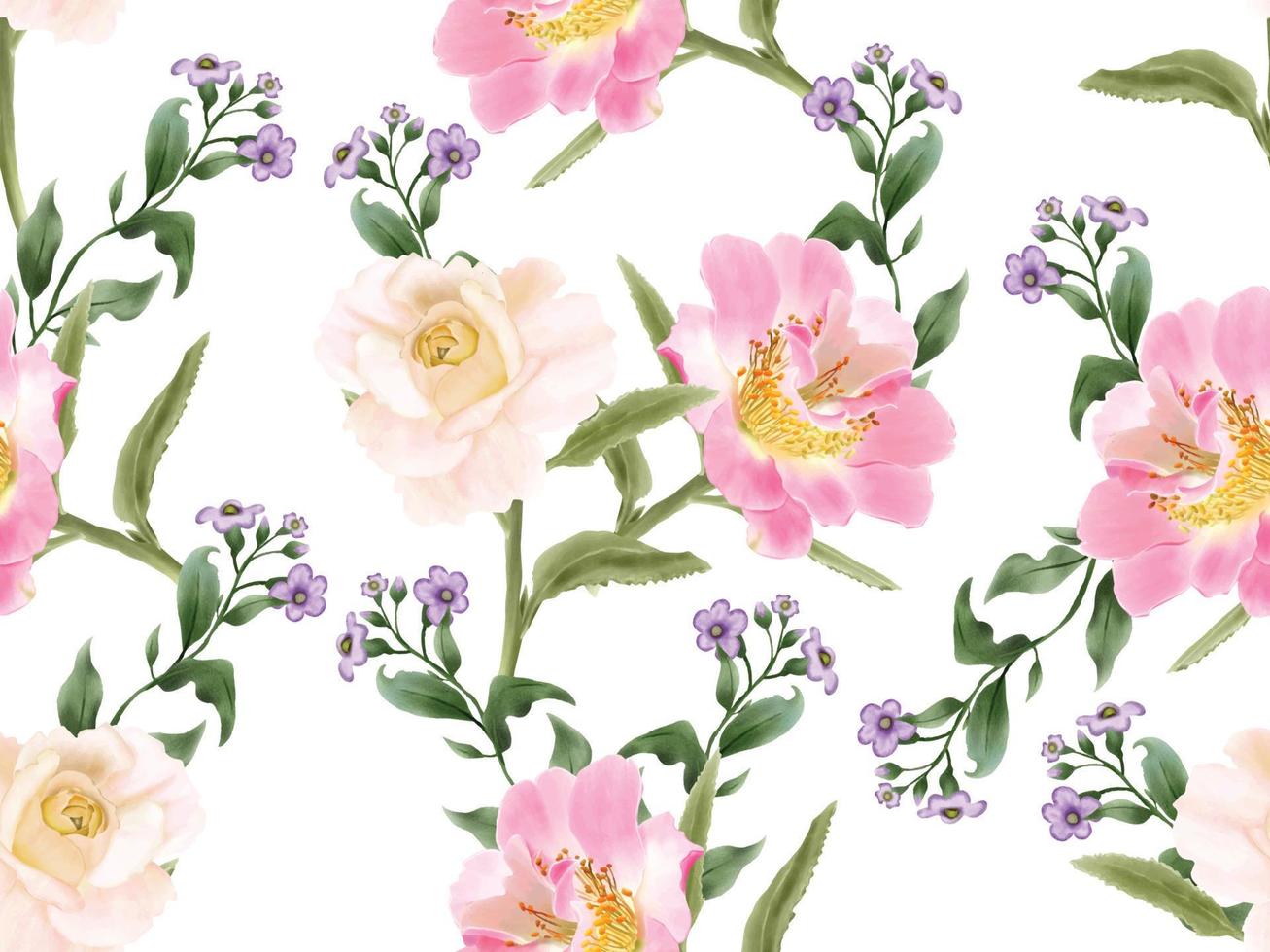 beautiful flower and leaves watercolor seamless pattern vector