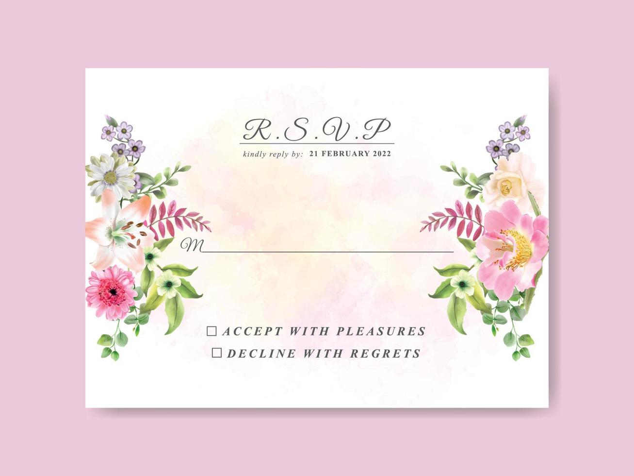 beautiful flower and leaves watercolor wedding invitation template vector