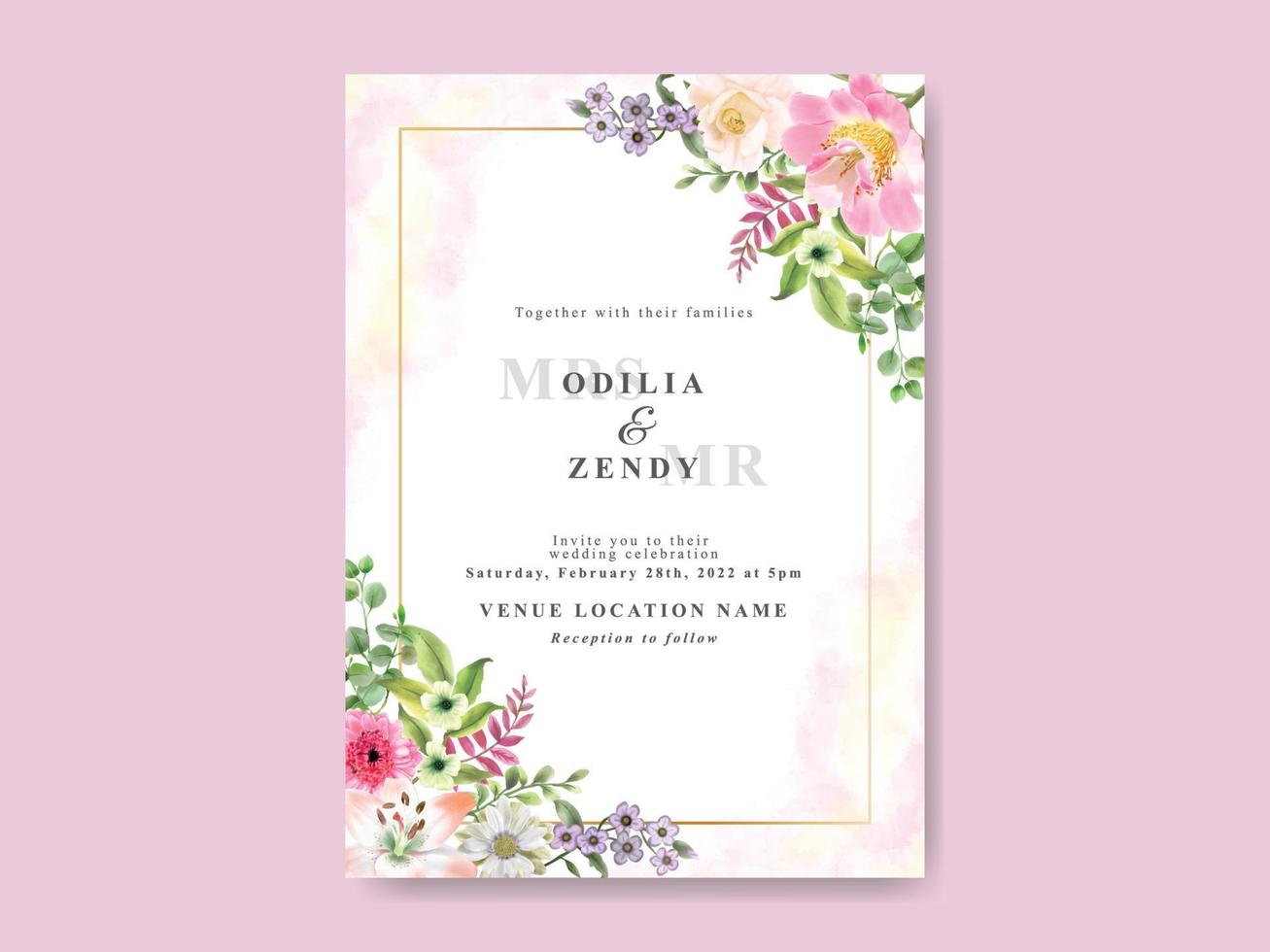 beautiful flower and leaves watercolor wedding invitation template vector