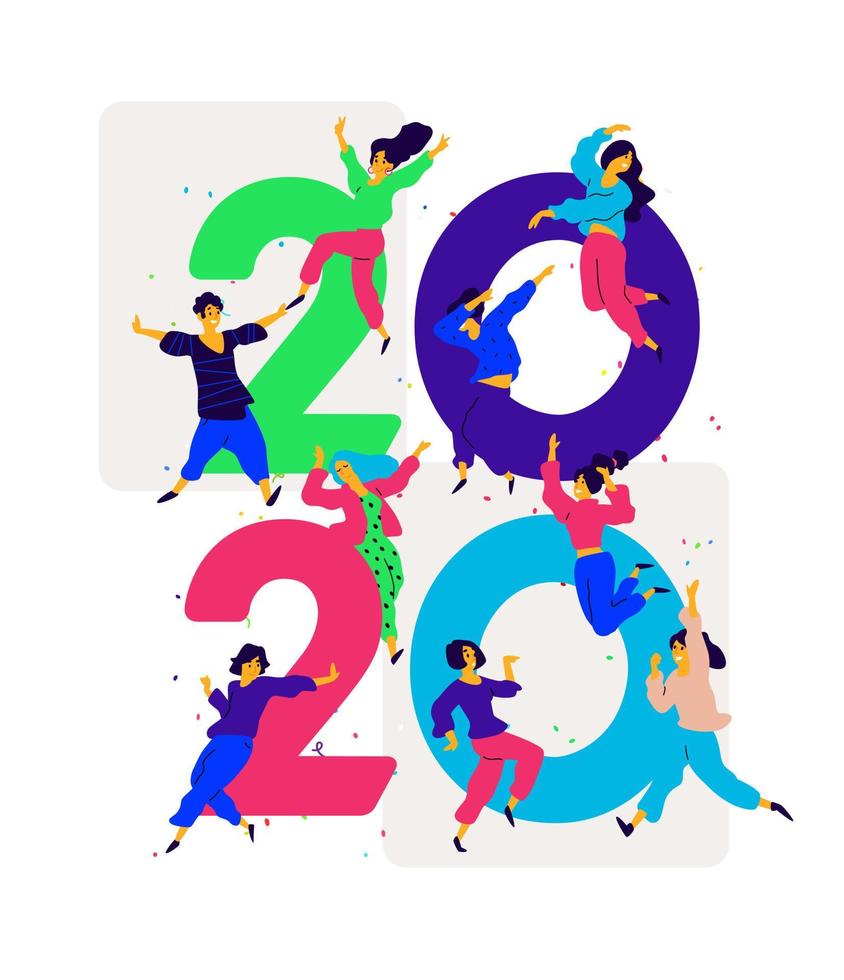Illustration New Year 2020. Vector. People tweet and have fun around numbers. Youth celebrate Christmas. Employees in the office are going to celebrate. Illustration for the calendar and site. vector