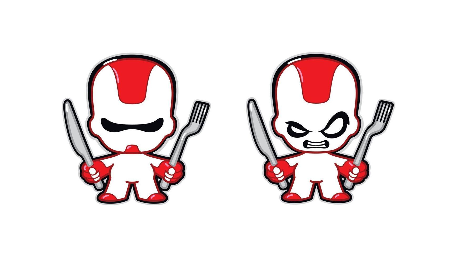 Illustration of a robot. Robot character of the future with a knife and fork. Mascot for a cyber cafe or restaurant. Hero for space fast food. Emblem for the food of the future. Flat kawaii style. vector