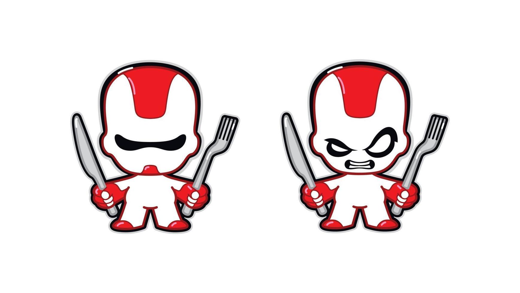 Ilustración de un robot. personaje robot del futuro con cuchillo y tenedor. mascota para un cibercafé o restaurante. héroe de la comida rápida espacial. emblema de la comida del futuro. estilo kawaii plano. vector