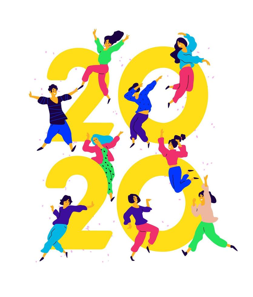 Illustration New Year 2020. Vector. People tweet and have fun around numbers. Youth celebrate Christmas. Employees in the office are going to celebrate. Flat style. vector