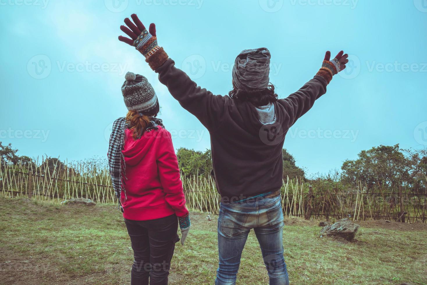 Lover women and men asians travel relax camping in the holiday. On the Moutain.Thailand photo