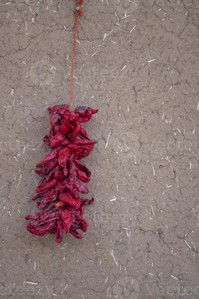 Closeup of String of Hot Peppers, Taos, New Mexico photo