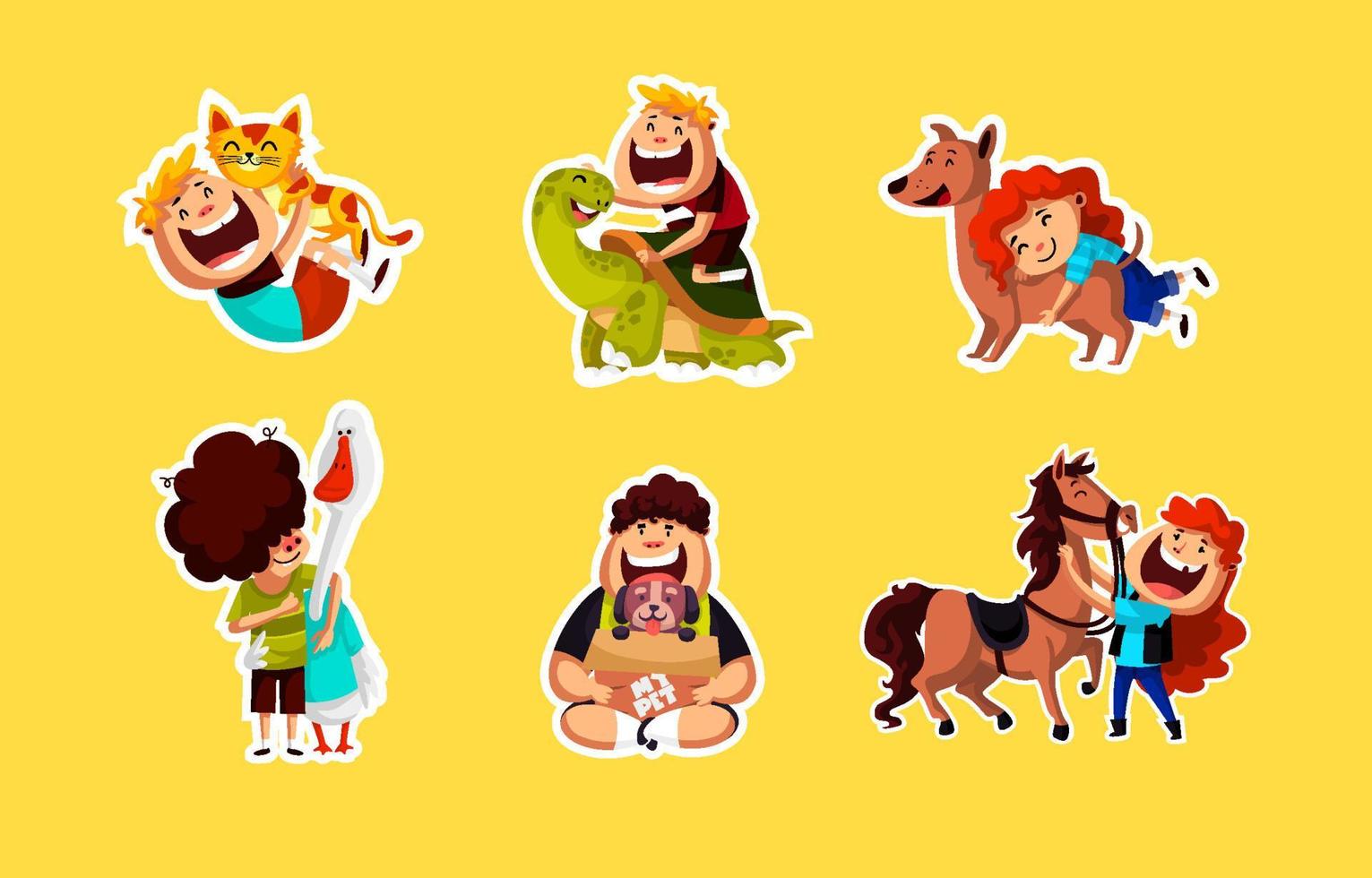 Children with Pets Sticker Set vector