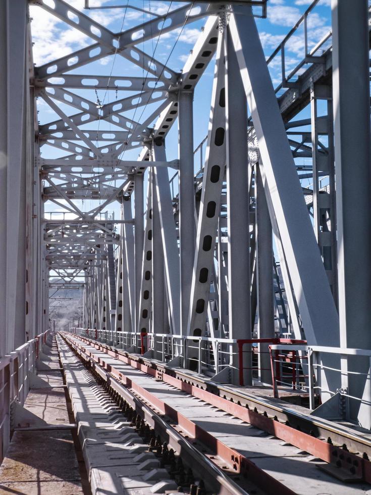 Railroad bridge of metal beams. photo