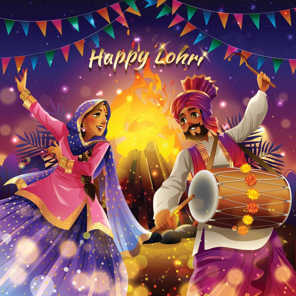 concepto de lohri feliz con hoguera y gente bailando vector