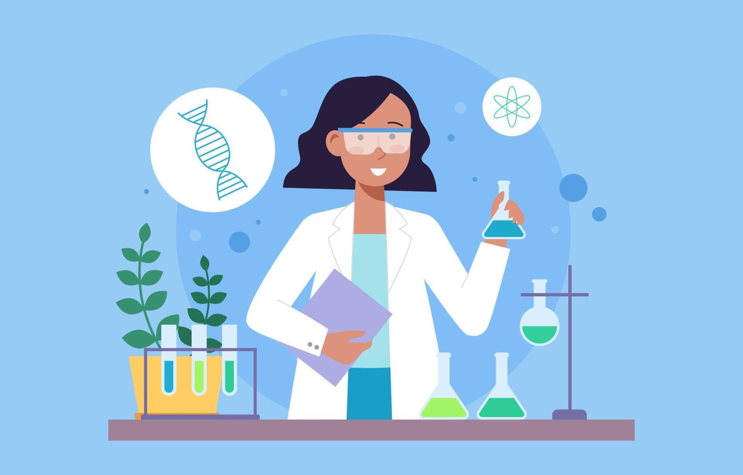 Scientist Woman in Lab Coat Holding Beaker Glass Analyzing vector