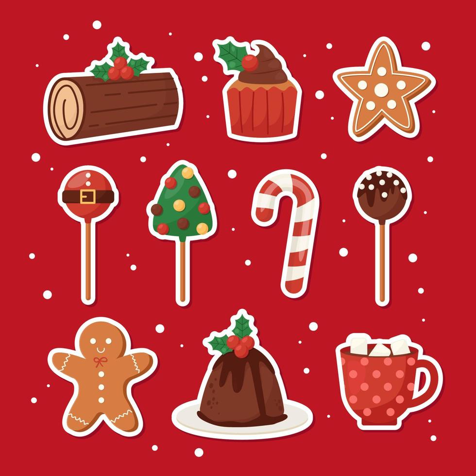 Collection of Christmas Food Stickers on Red Background vector