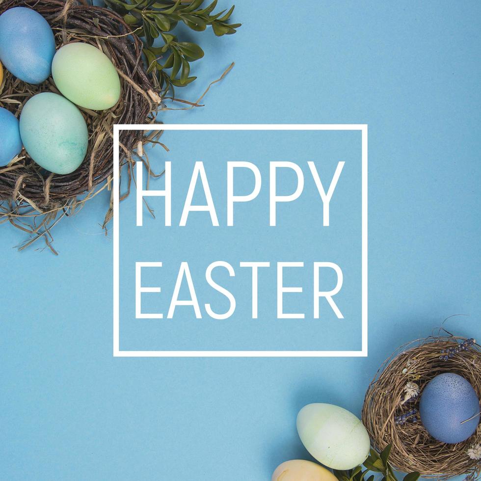 Colorful background with Easter eggs on blue background. Happy Easter concept. Can be used as poster, background, holiday card photo