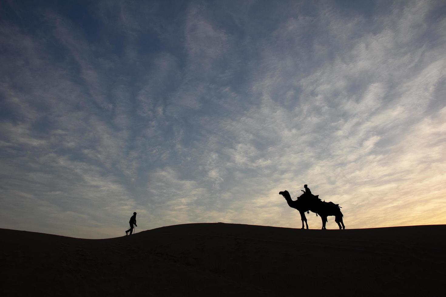 Silhouette of two men and one camel at colorful sunset. photo