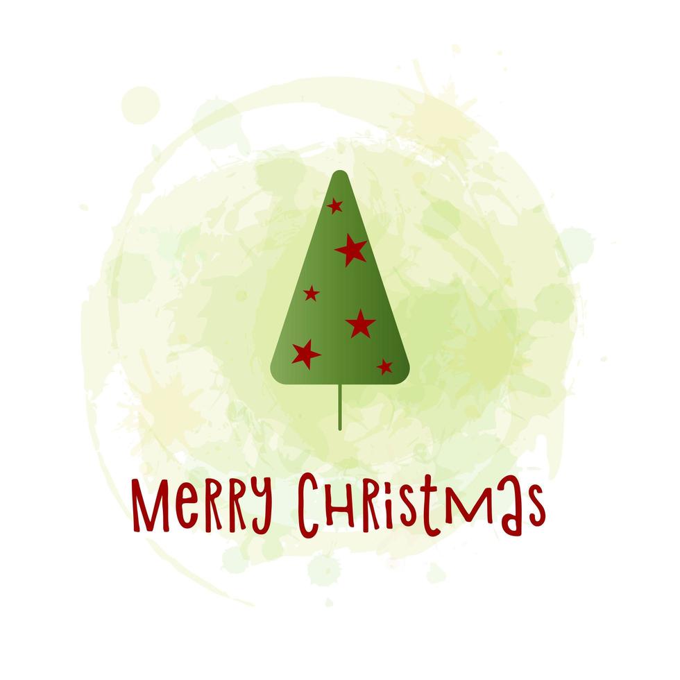 Green silhouette of a Christmas tree with red stars on a watercolor background. Merry Christmas and Happy New Year 2022. Vector illustration.