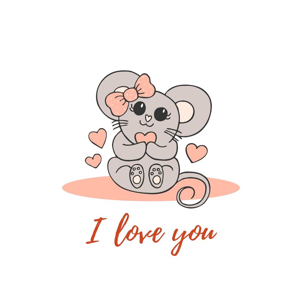 Hand drawn cute animals with lettering. A mouse with a pink bow and a heart. I love you. White background. Vector. vector