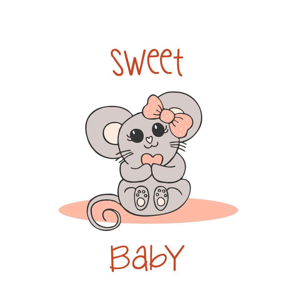 Hand drawn cute animals with lettering. A mouse with a pink bow and a heart. Sweet baby. White background. Vector. vector