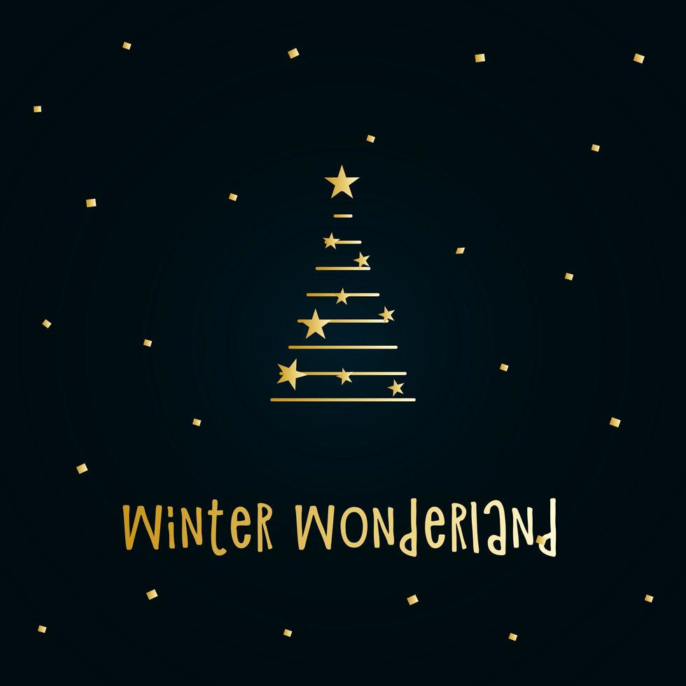 Golden silhouette of a Christmas tree with snow and stars on a dark blue background. Merry Christmas and Happy New Year 2022. Vector illustration. Winter Wonderland.