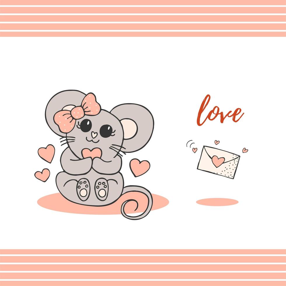 Hand drawn cute animals with lettering. A mouse with a pink bow and a heart. Envelope with heart. Love White background. Vector. vector