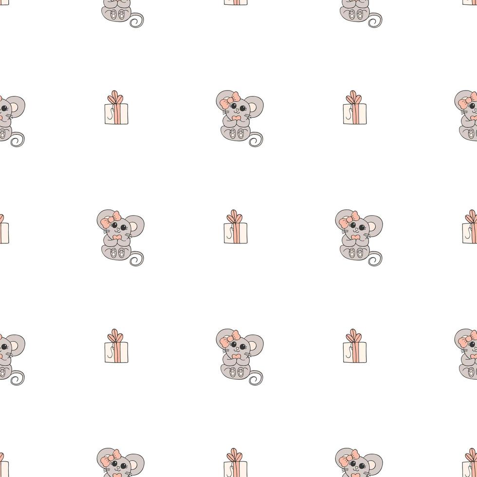 Hand drawn cute animals. Seamless pattern. A mouse with a pink bow and a heart, gift. White background. Vector. vector