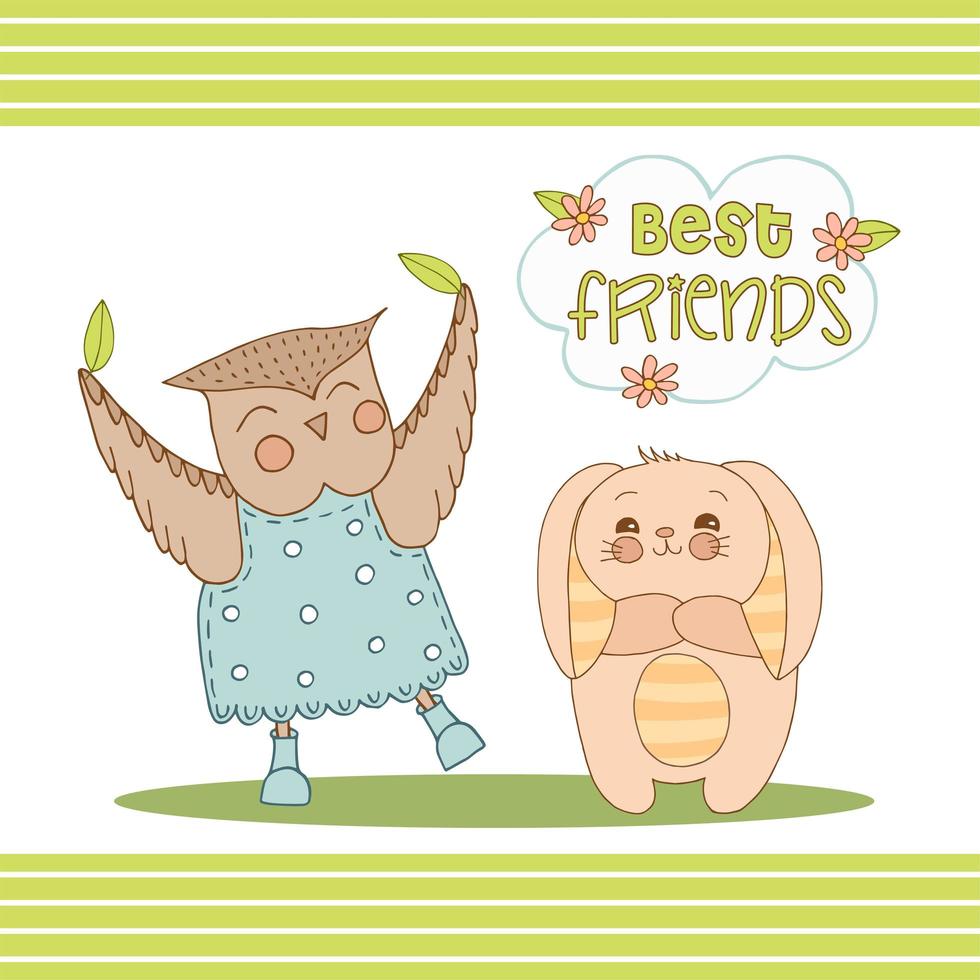 Hand drawn cute animals with lettering. Bunny with striped ears and a belly, Owl in a blue dress with polka dots and boots, flower and leaves. Best Friends. White background. Vector. vector