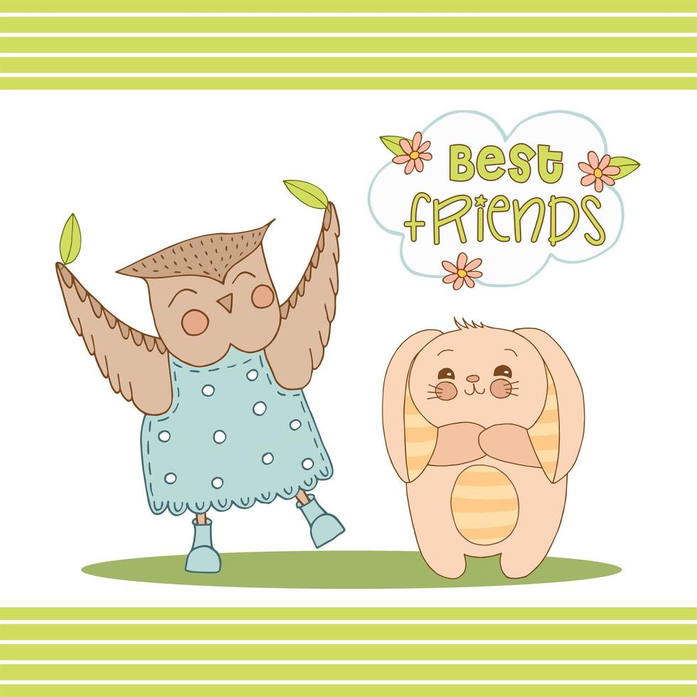 Hand drawn cute animals with lettering. Bunny with striped ears and a belly, Owl in a blue dress with polka dots and boots, flower and leaves. Best Friends. White background. Vector. vector