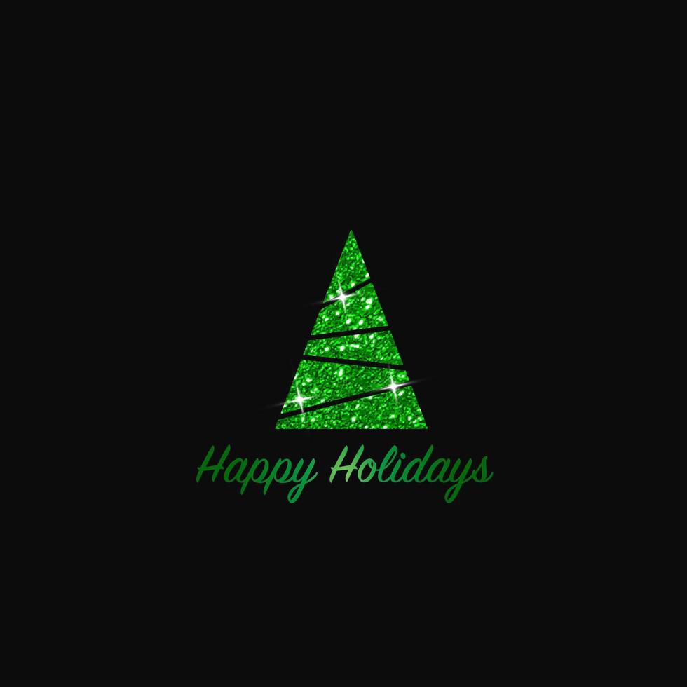 Sparkling Christmas Tree. Green Metallic glitter icon on a dark background. Merry Christmas and Happy New Year 2022. Vector illustration. Happy Holidays.