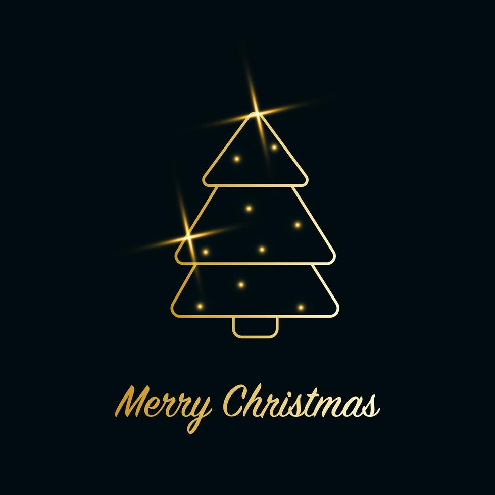 Sparkling Christmas Tree with shiny dust. Golden metallic outline icon with stars on a dark blue background. Merry Christmas and Happy New Year 2022. Golden Metallic. Vector illustration.