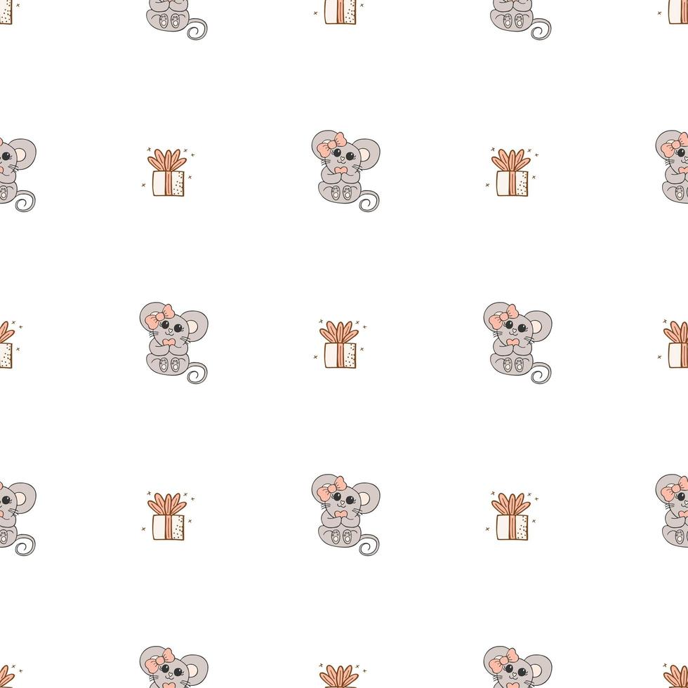 Hand drawn cute animals. Seamless pattern. A mouse with a pink bow and a heart, gift. White background. Vector. vector