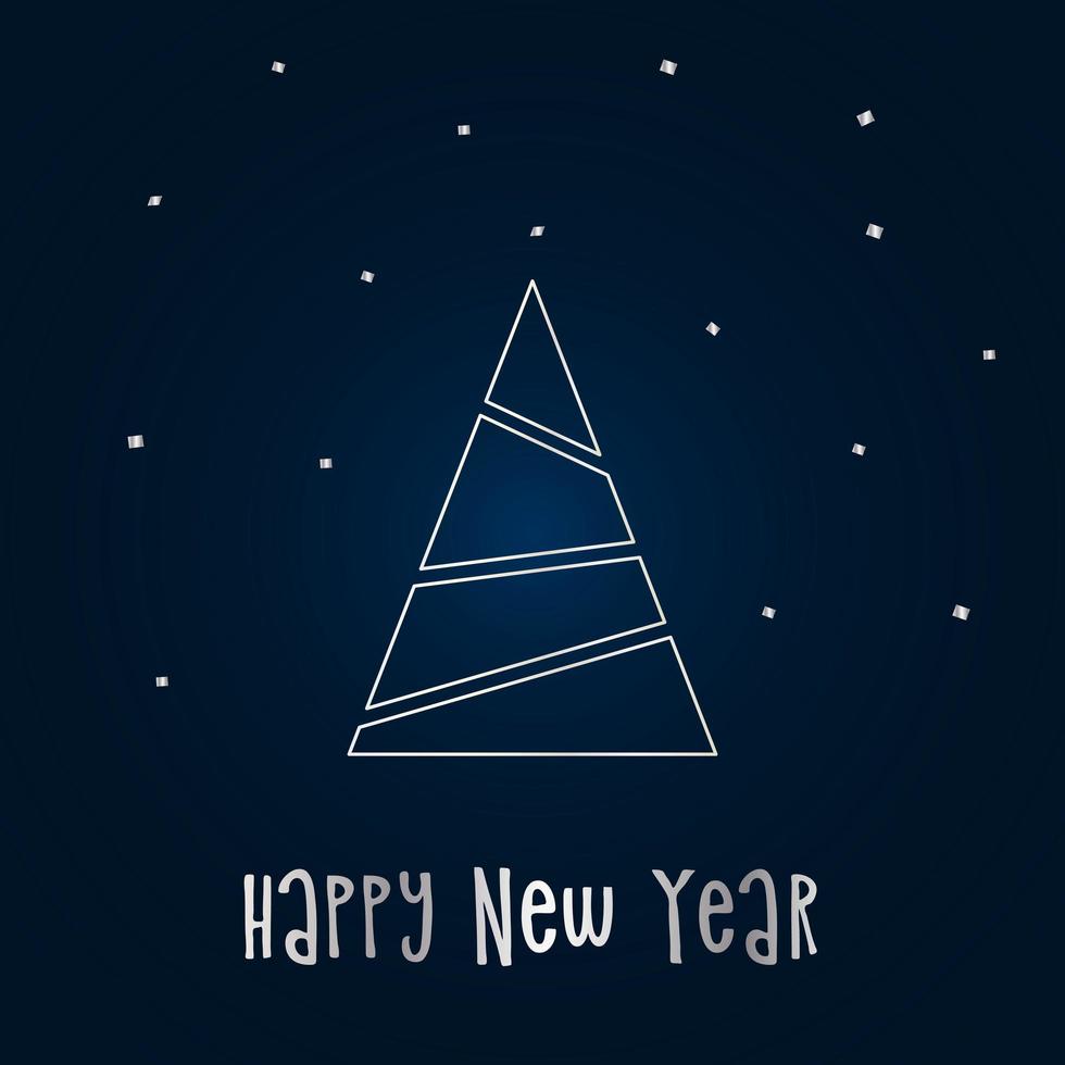 Silver silhouette of a Christmas tree with snow on a dark blue background. Merry Christmas and Happy New Year 2022. Vector illustration.