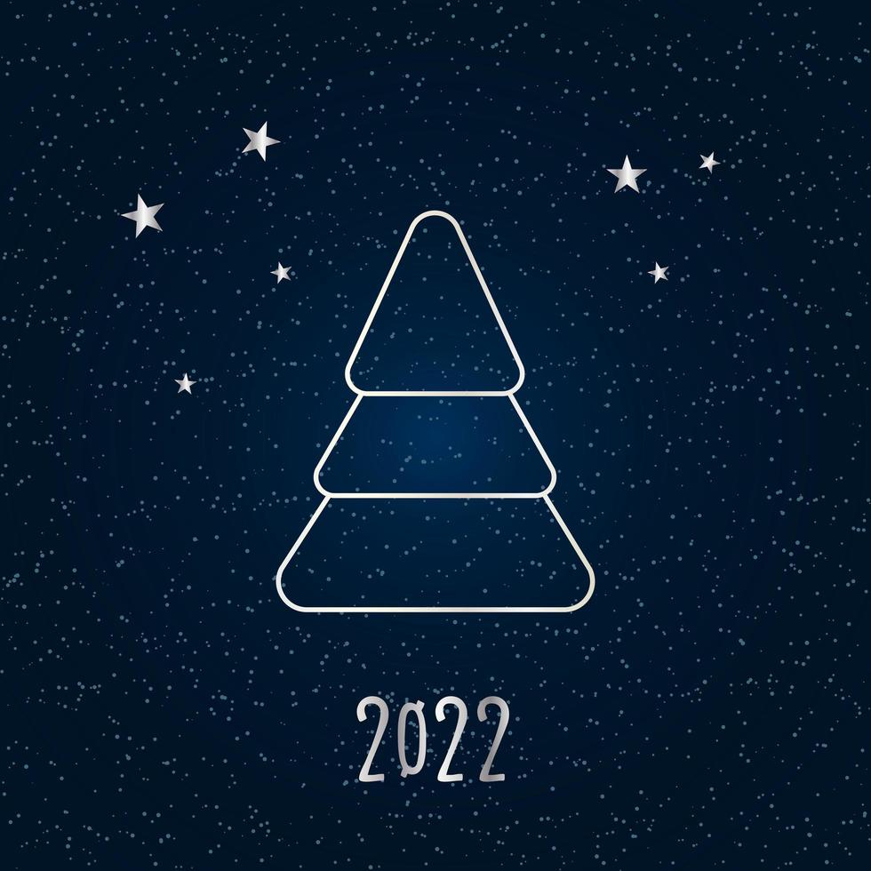 Silver silhouette of a Christmas tree with snow and stars on a dark blue background. Merry Christmas and Happy New Year 2022. Vector illustration.