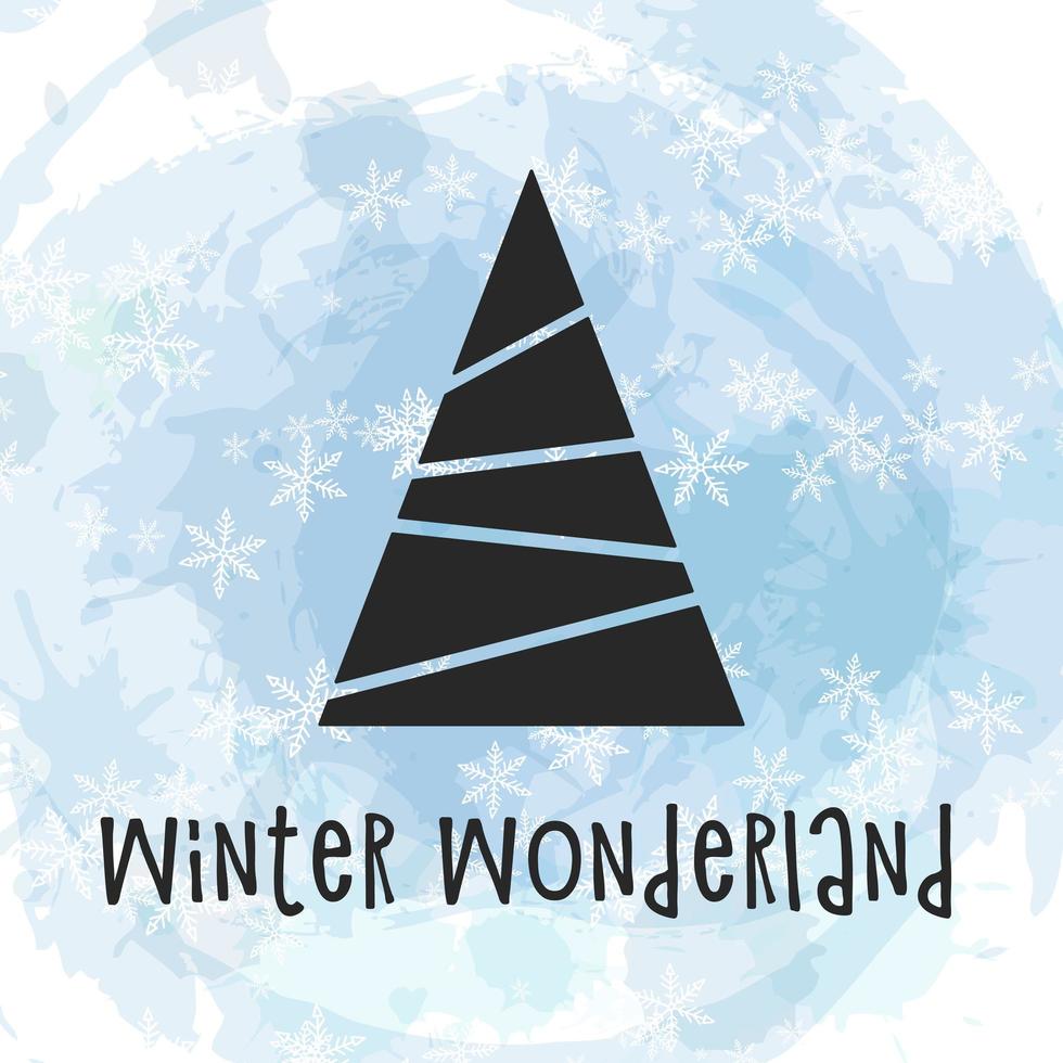 Black silhouette of a Christmas tree on watercolor background with snowflakes. Merry Christmas and Happy New Year 2022. Vector illustration. Winter Wonderland.
