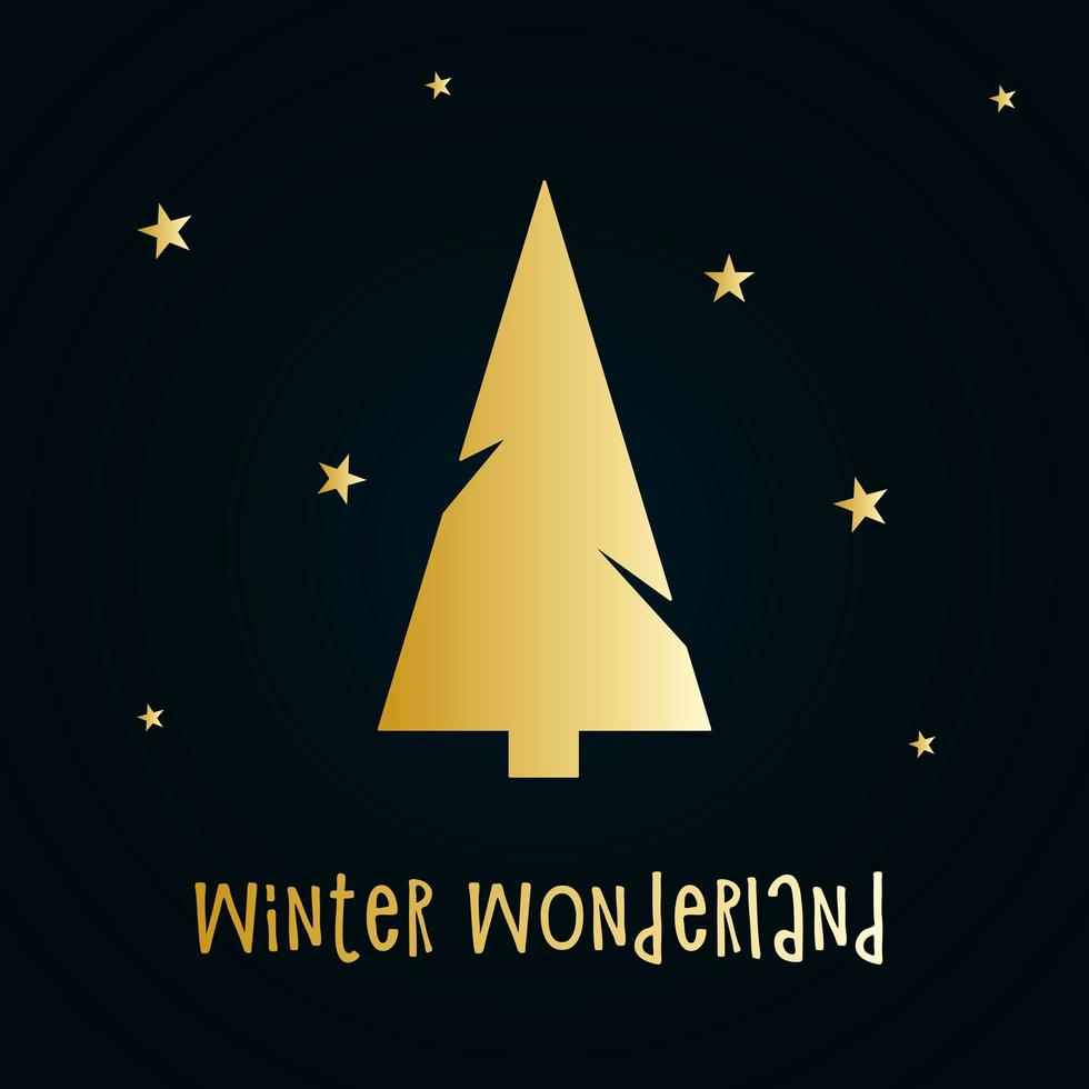 Golden silhouette of a Christmas tree with snow and stars. Merry Christmas and Happy New Year 2022. Vector illustration.