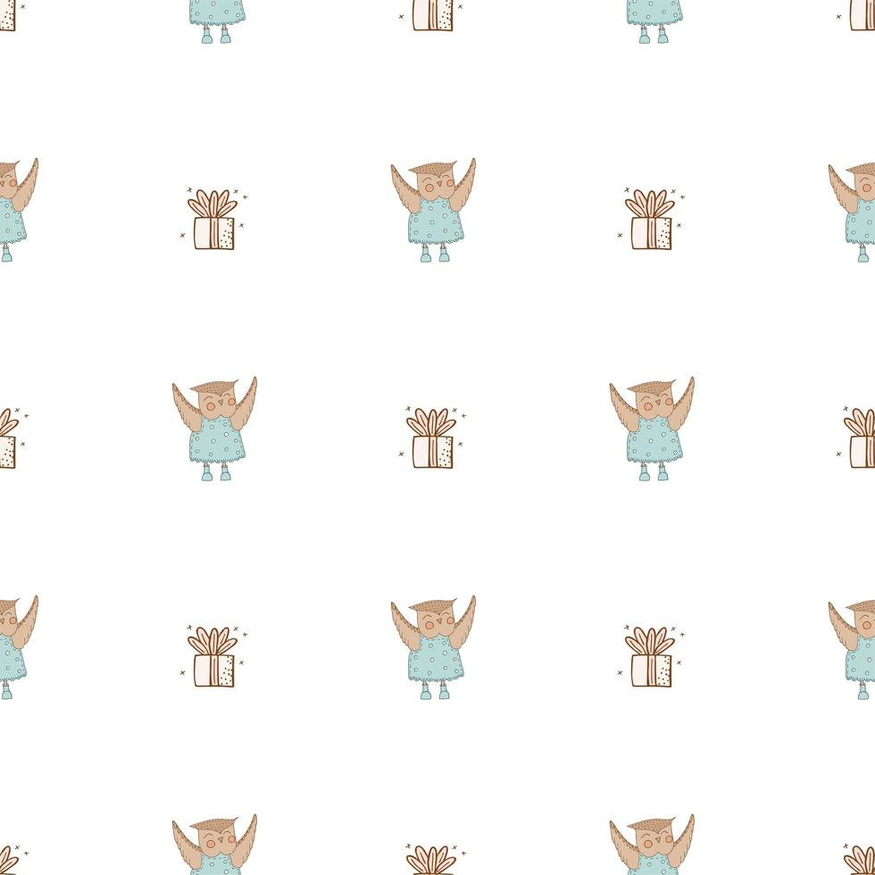 Hand drawn cute animals. Seamless pattern. An owl in a blue dress with polka dots and boots, gift White background. Vector. vector