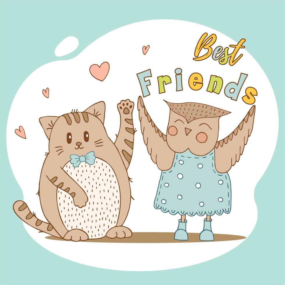 Hand drawn cute animals with lettering. Cat with hearts, Owl in a blue dress with polka dots and boots. Best Friends. Vector. vector