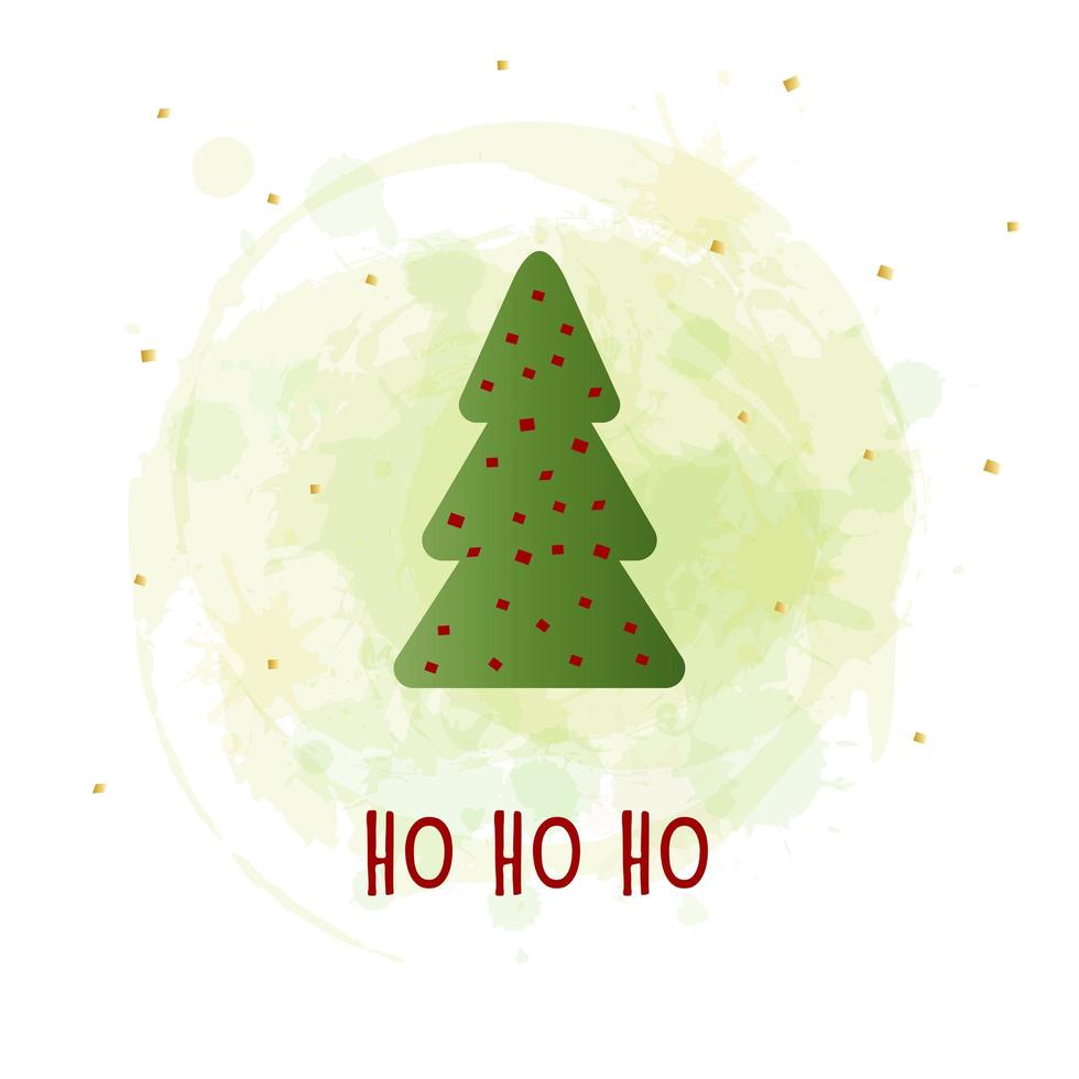 Green silhouette of a Christmas tree with golden snow and red stars on a watercolor background. Merry Christmas and Happy New Year 2022. Vector illustration. Ho ho ho.