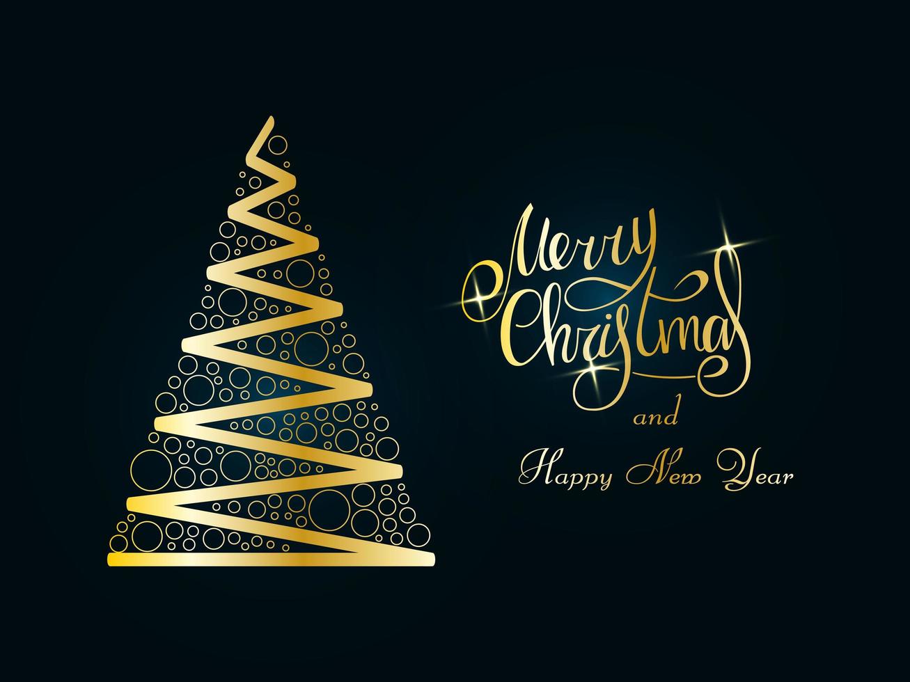 Handwritten golden lettering on a dark blue background. Magic golden Christmas tree made of ribbon and circles. Merry Christmas and Happy New Year 2022. vector