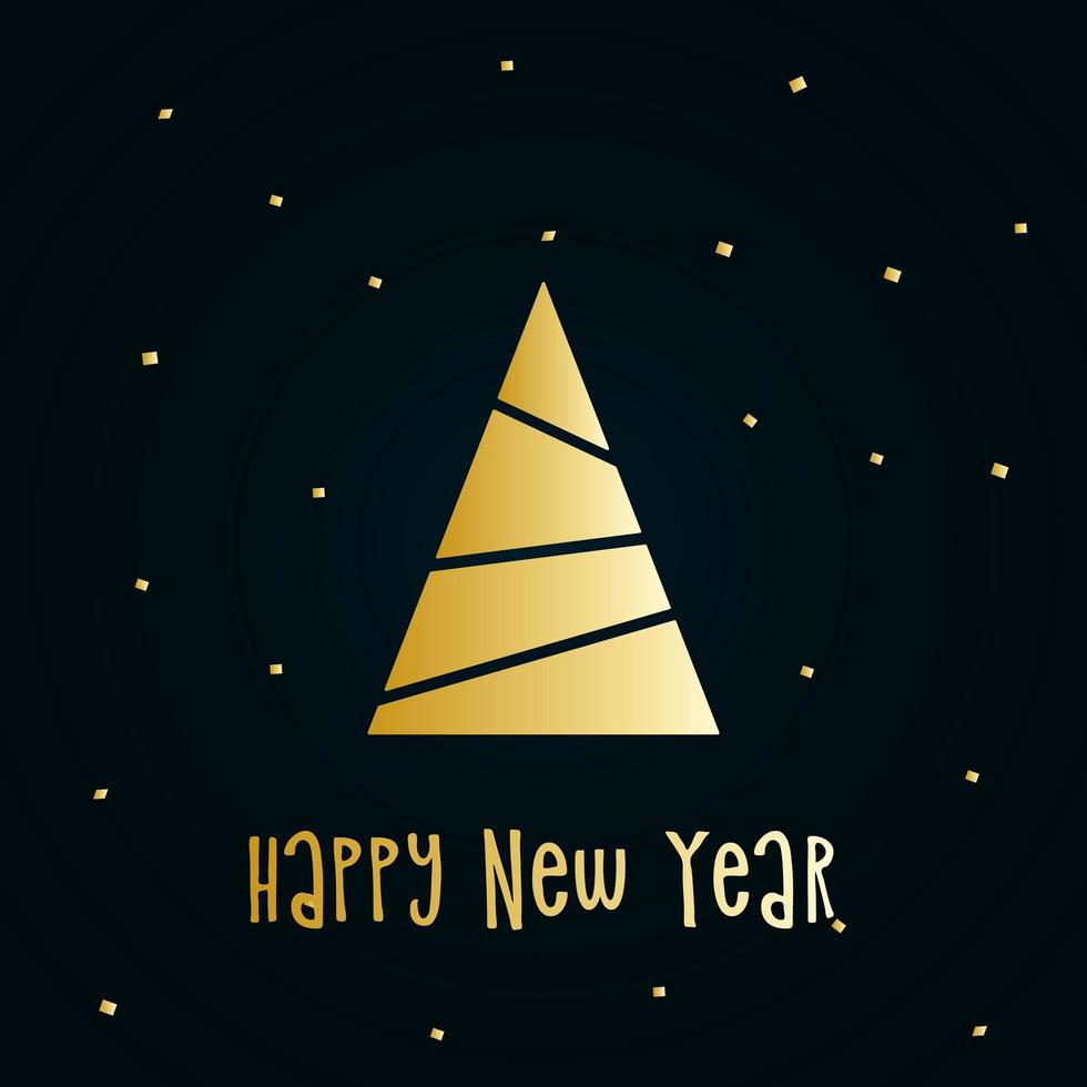 Golden silhouette of a Christmas tree with snow. Merry Christmas and Happy New Year 2022. Vector illustration.