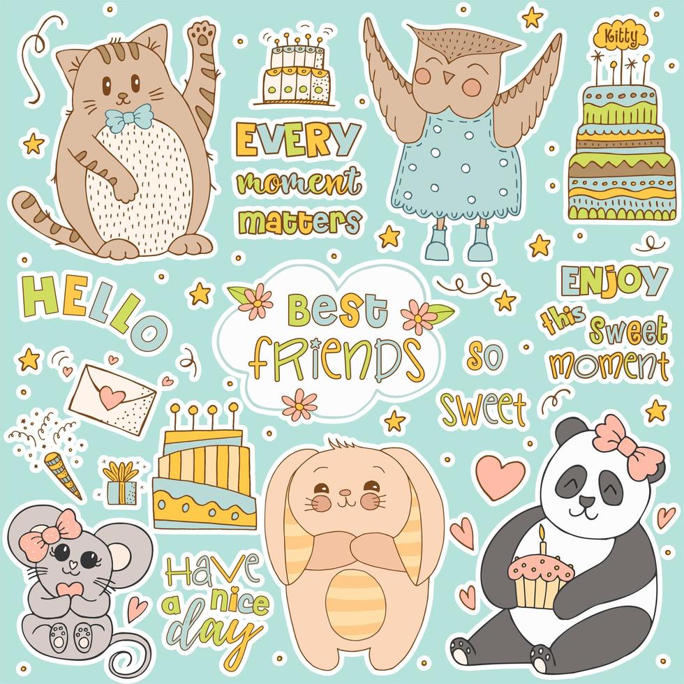 animales lindos dibujados a mano con letras. gato, panda, conejito con orejas rayadas y panza, ratón con lazo rosa y corazón, búho con vestido azul con lunares y botas. regalo y tarta con velas. vector