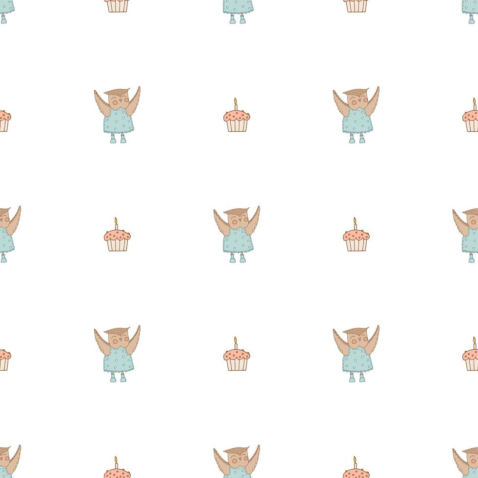 Hand drawn cute animals. Seamless pattern. Cupcake with candle. An owl in a blue dress with polka dots and boots. White background. Vector. vector