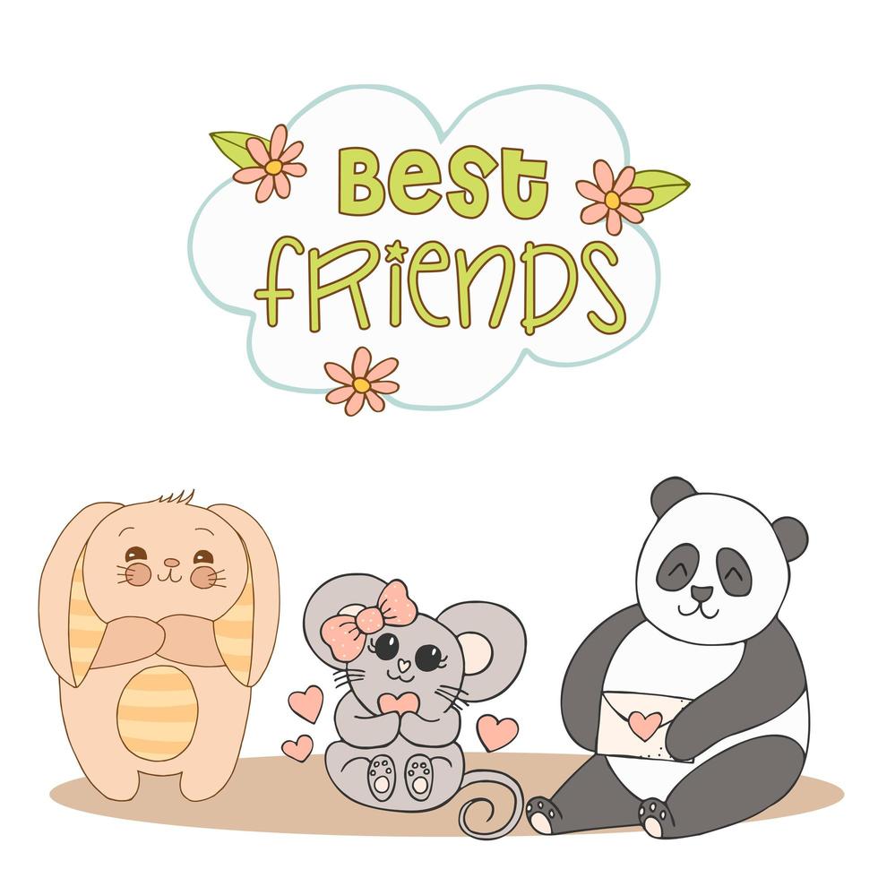 Hand drawn cute animals with lettering. Panda, Bunny with striped ears and a belly, Mouse with a pink bow and a heart, envelope with heart, flower and leaves Best Friends. Vector. vector