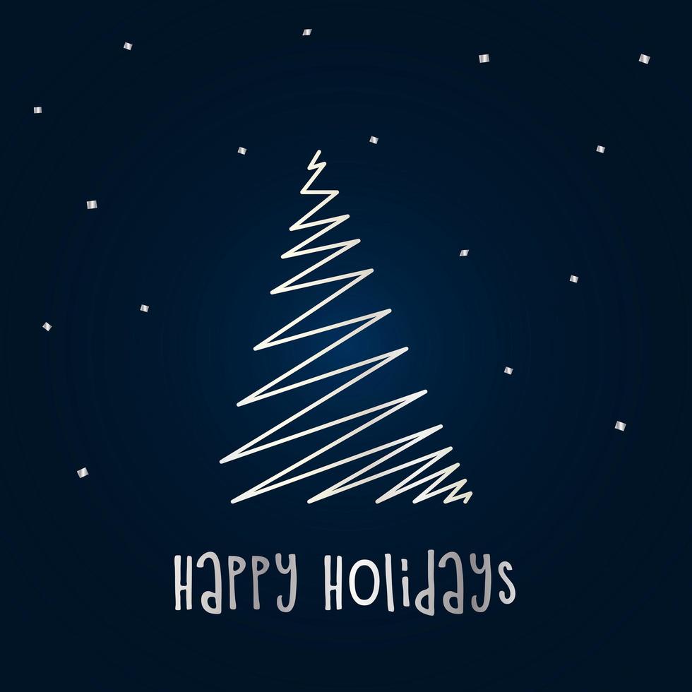 silueta plateada de un árbol de navidad con nieve sobre un fondo azul oscuro. feliz navidad y próspero año nuevo 2022. ilustración vectorial. felices vacaciones. vector
