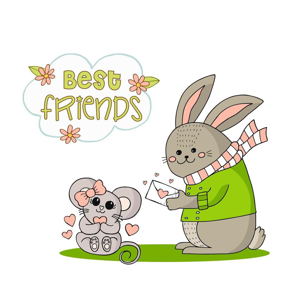 Funny bunny in a green jacket and white and pink striped scarf and a mouse with a pink polka dot bow and hearts. Hand-drawn doodle illustration. vector