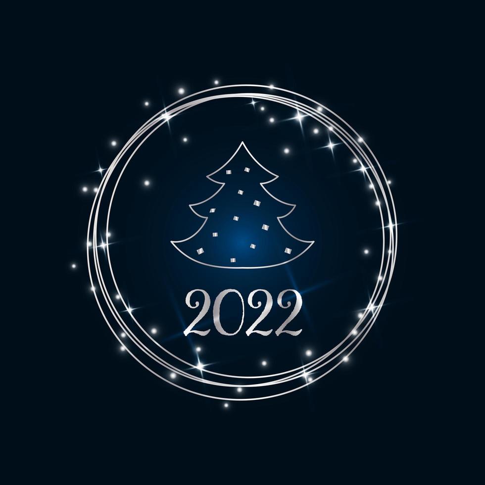 Magic silver Christmas tree with a bright glowing silver ring on a dark blue background. Merry Christmas and Happy New Year 2022. Vector illustration.