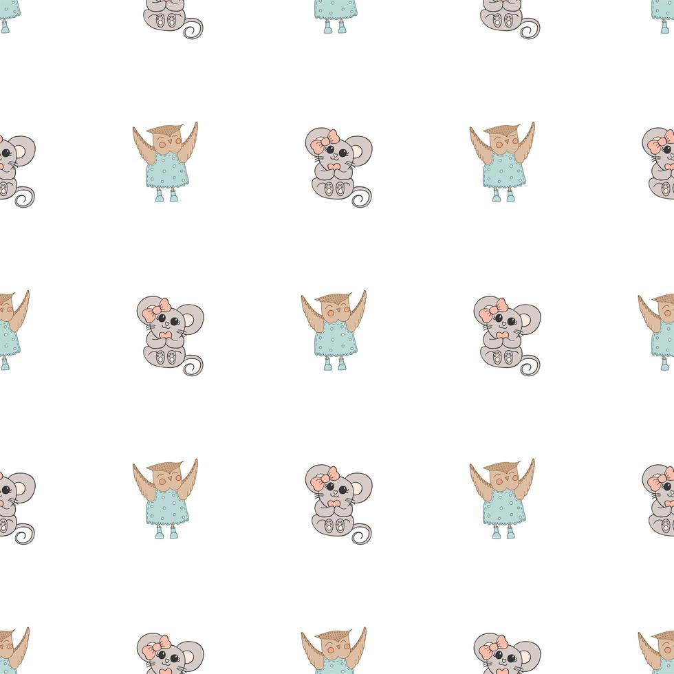 Hand drawn cute animals. Seamless pattern. Mouse with a pink bow and a heart, Owl in a blue dress with polka dots and boots. Best Friends. White background. Vector. vector