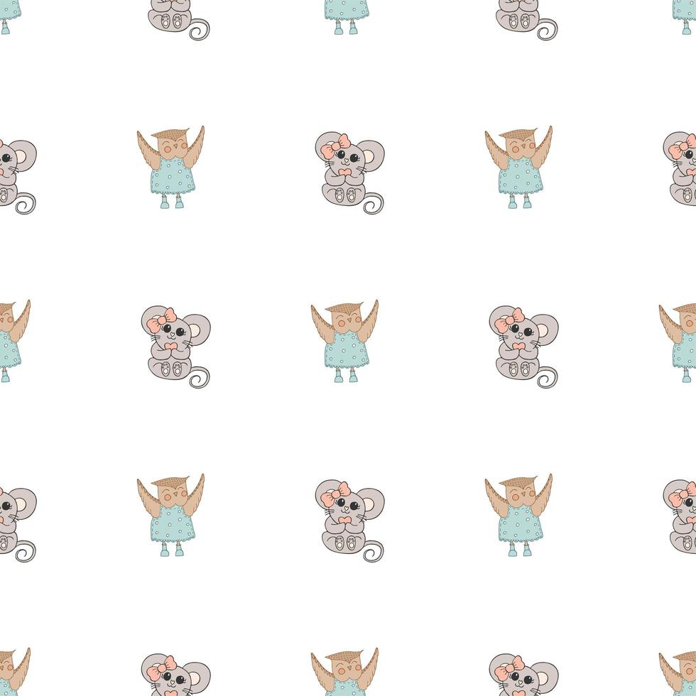 Hand drawn cute animals. Seamless pattern. Mouse with a pink bow and a heart, Owl in a blue dress with polka dots and boots. Best Friends. White background. Vector. vector